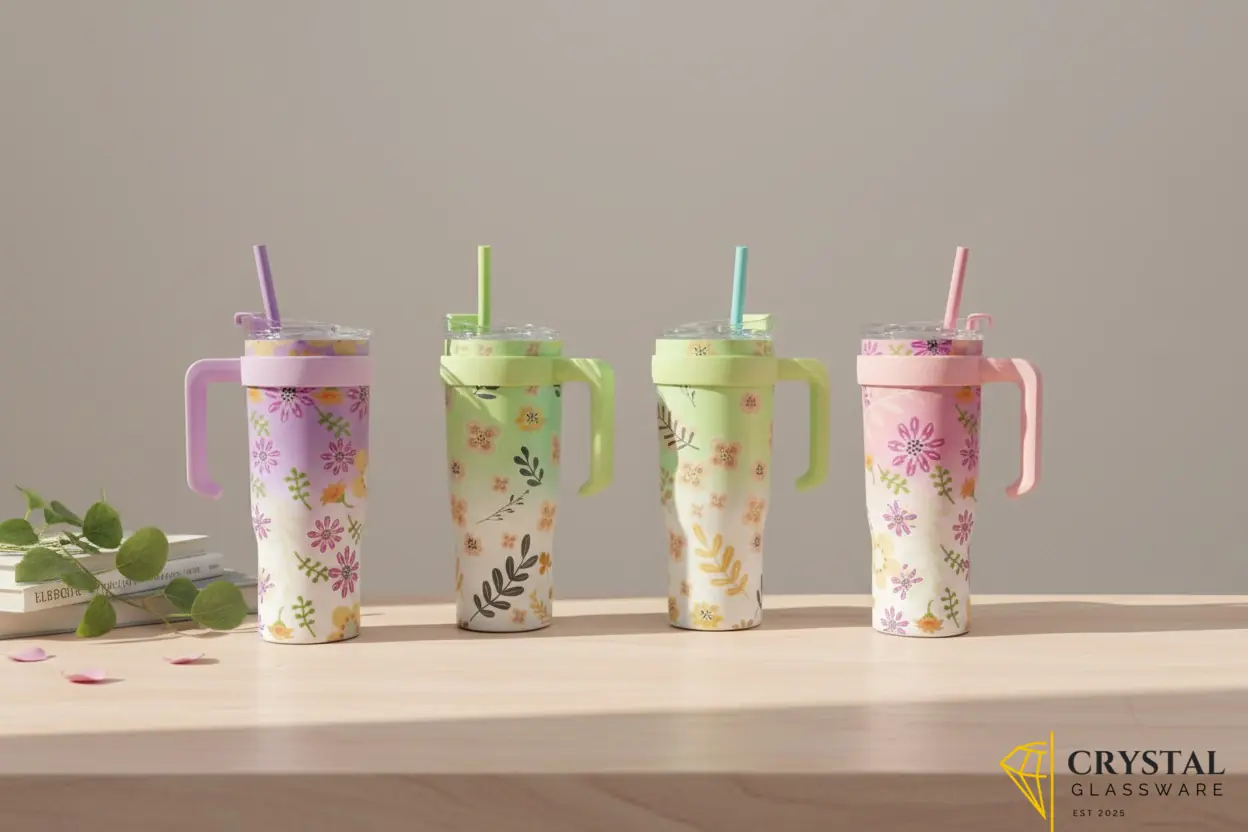 Floral insulated travel tumbler features a convenient handle a matching turquoise upper band and a reusable straw